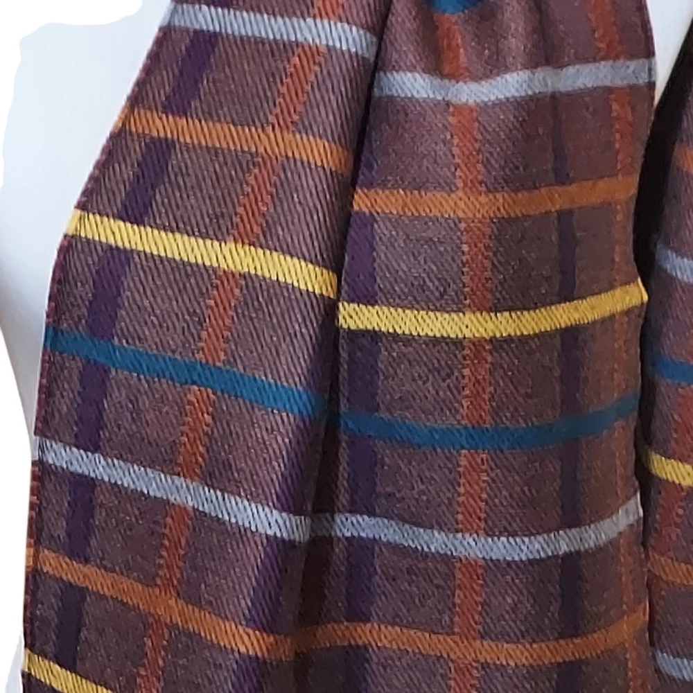 Chelsey by Joseph 100% Wool Burgundy Yellow Blue Plaid Fringed Scarf